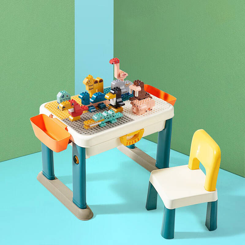可优比儿童积木桌多功能兼容大颗粒1-2宝宝3-6岁男孩女孩拼装儿童玩具 【动物乐园套装】桌椅+116粒动物积木