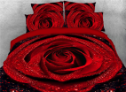 3D Red Rose with Dew Printed 4-Piece Bedding Sets