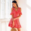 V neck floral print mini dress Ruffle frill strap short summer dress Sexy backless tie up beach vestido de festa