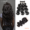 HCDIVA Body Wave 3 Bundles with Lace Closure Three Part Brazilian Virgin Human Hair with Closure Natural Black Free Shipping
