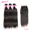 Alot Hair Peruvian Straight Human Hair Bundles With Lace Closure MiddleFree Three Part Natural Black 3 Bundles Hair & Closure