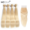 HCDIVA 613 Blonde Virgin Hair 4 Bundles With Closure 44 Lace SizeBlonde Bundles Brazilian Hair Extensions Straight Hair Bundle