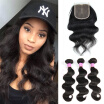 Brazilian Body Wave Extension 3 Bundles With Middle Part Swiss Lace Closure Virgin Human Hair Weave Wefts & Closure