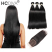 HCDIVA Peruvian Virgin Hair 3 Bundles Straight with Closure Human Hair Extensions 1B Color Bundles with Lace 4x4 Closure