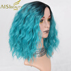 AISI BEAUTY Short Hair Synthetic Water Wave Ombre Red Blue Pink Orange Wigs for Women Heat Resistant High temperature fiber
