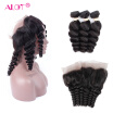 Alot Hair 7A Loose Wave 3 Bundles with Closure Virgin Peruvian Hair Loose Wave with 360 Frontal Closure Curly Human Hair Extension