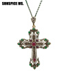 Fashion Ethnic Religious Jewelry Flower Cross Necklace Antique Gold Color Resin Women Sacred Spiritual Symbol Pendant Necklace