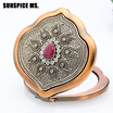 Exquisite Turkish Women Retro resin Flowers Metal Portable Makeup Mirror Vintage Cosmetic Mirror Antique Gold Color Body Jewelry