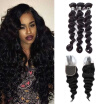 7A Brazilian Virgin Hair 3 Bundles Loose Wave with Closure Human Hair Weave with Lace Closure 4x4 Soft&Bouncy 1B Color