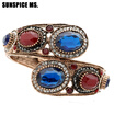 Fashion Turkish Women Big Resin Blue Vintage Bangle Bracelets Antique Gold Color Cuff Jewelry Round Crystal Ethnic Retro Bijoux
