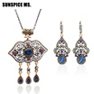 Ethnic Design Vintage Turkish Women Flower Jewelry Sets Long Hook Dangle Earrings Tassels Necklaces Antique Boho Wedding Jewelry