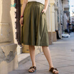 INMAN 2018 summer new double pocket wood ear elastic waist wild pleated skirt skirt skirt skirt long skirt 18821VP10037 shallow army green M