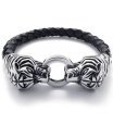 Hpolw Mens Leather Bracelet Stainless Steel Tiger Head Clasp Black Silver 86 Inch