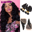 Malaysian Loose Wave lace frontal with bundles unprocessed human hair weaves with closure Bundles And Frontal 4 Bundles With Closu