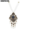 Elegent Turkish Women Long Dangle Pendant Flower Necklace Antique Gold Color Bead Strand Jewelry Indian Bohemia Banquet Bijoux