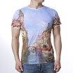 Men Building Printing Contrast Color O-Neck T-Shirt