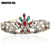 Vintage Women Red Resin Bridal Crystal Tiara Crown Head Jewelry Princess Queen Turkish Wedding Hair Accessories Flower Hairwear