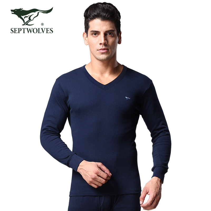 Seven wolves Qiuyi Qiuku mens cotton thermal underwear V-neck suit thin section cotton wool line clothing line pants solid color V-neck light gray XXXL