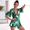 Sexy Summer Jumpsuit Fashion Women Deep V-neck Shorts Romper Leaves Printed Short Sleeve Beach Wear Playsuit