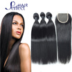 Brazilian Virgin Hair Straight 3 Bundles With Closure Free Middle Three Part Human Hair Bundles with Closure 4 Pcs lot