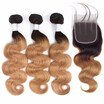 HCDIVA Virgin Ombre Hair Bundle with Closure Brazilian Body Wave 2 Tone T1b27 Dark Roots Blonde Ombre 3 Bundle with Closure