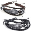 Hpolw Mens Womens Leather Bracelet 2pcs Brown & Black Angel Wing Bangle 7-9 inch Adjustable