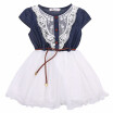 Fashion Girls Kids Princess Flower Lace Denim Tulle Short Sleeve Denim patchwork belt Summer Dress