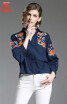S M L XL new summer 2018 women blouse shirt long sleeve blue loose casual with digital flower embroidery top lady