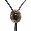 Vintage Gold Plated Nature Black Obsidian Stone Bolo Tie Leather Necklace