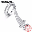 100 925 Sterling Silver Adjustable Rings Double Layer Round & Zircon Beads Long Tassel Ring for Women Bohemian Vintage Jewelry