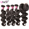 UNICE HAIR Malaysian Body Wave 4 Bundles with Closure 5PCS Free Lace Closures with Hair Weaves Remy Human Hair Bundles with Closur