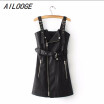 Fashion PU leather dress women V neck mini sexy dress Christmas sash zipper winter black short dress sundress vestido