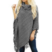 xsby Women Autumn High Collar Black&White Diagonal Stripes Tassel Cloak Shawl Sweater