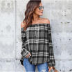 Womens Off Shoulder Plaid Tops Long Sleeve Shirt Casual Blouse Loose T-shirt