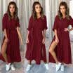 New Womens Long Tunic Top Adjustable Sleeve V-Neck Split Dress With Belt