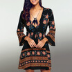 Long Sleeve Deep V A Line Floral Dress