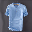 Mens Pullover Linen Shirts Short Sleeve Summer Breathable Mens Quality Casual Shirts Slim fit Solid Cotton Shirts Men