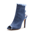 IDIFU Womens Peep Toe Sandals - Stylish Side Zipper Cut out Ankle Booties - Frayed Denim Stiletto High Heels Shoes