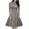 Womens Seven-Cent Sleeve Plaid Big Bow Fashion Big Swing Dress