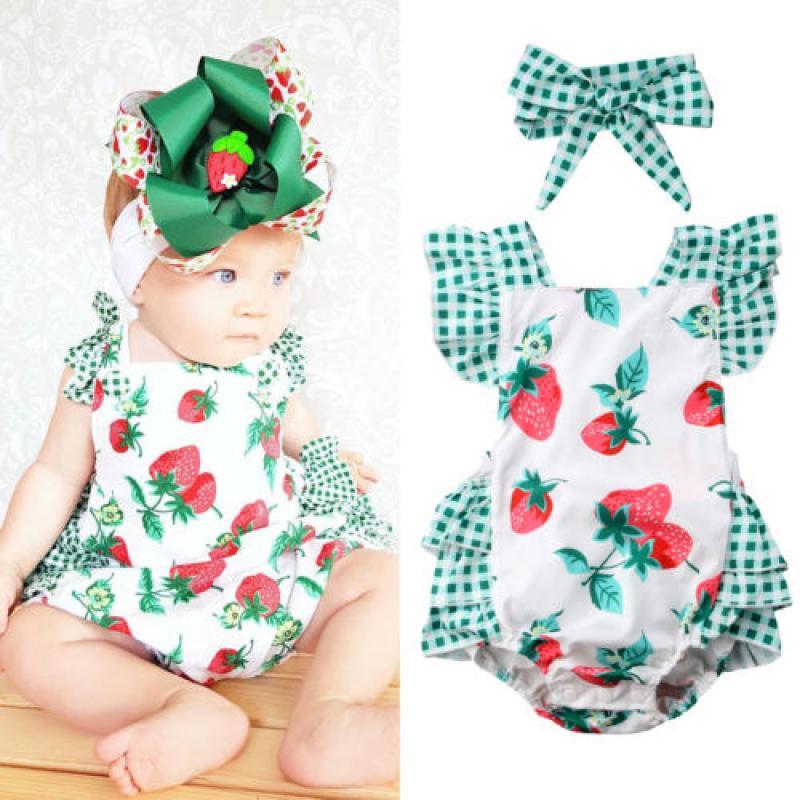 Newborn Baby Girl Romper Jumpsuit Bodysuit Infant Headband Clothes Outfits Set E