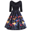 Flamingo Print V Neck Fit&Flare Vintage Dress