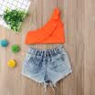 Canis Toddler Kids Girls Off Shoudler T-shirtDenim Hot Pants Shorts Outfits Set