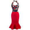 Stylish Halter Neck Backless Floral Print Tank Top with Mermaid Skirt Women Two-piece Dress