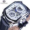 Forsining Retro Classic White Dial Azul Manos Transparente Automático Esqueleto Reloj de pulsera para hombre Relojes mecánicos de primeras marcas de lujo