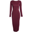 Simple Round Collar Long SLeeve Zipper Design Skinny Women Midi Dress