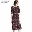 OIBEE2018 otoño nueva moda color a juego bordado vestido largo falda de encaje delgado vestido adelgazante
