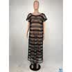 US Women Sexy Long Sleeve Mesh Clubwear Plus Size Stripe Beach Perspective Dress