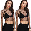 Sexy Women See through Lace Mesh Sheer Long Sleeve Crop Top T Shirt Blouse Tee