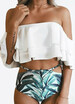 Women Bikini Set Off the Shoulder Slash Ruffles Cut Out Waist Leaves Print