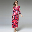 Retro V-Neck Long Sleeve Printed Long Dress